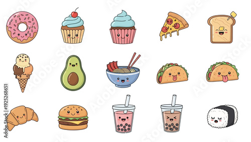 Set of cute kawaii food and drink characters with smiling faces