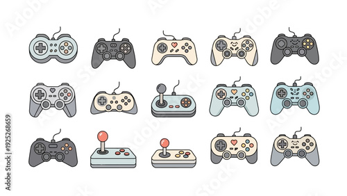 Collection of vector video game controllers and joysticks in flat design style.