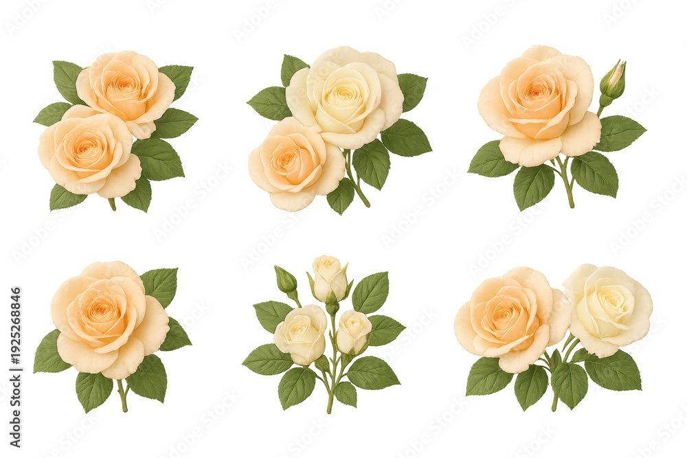 Naklejka premium Six isolated peach and cream rose clusters with green leaves on transparent background, realistic floral illustrations ideal for wedding stationery, greeting cards, invitations and decorative design