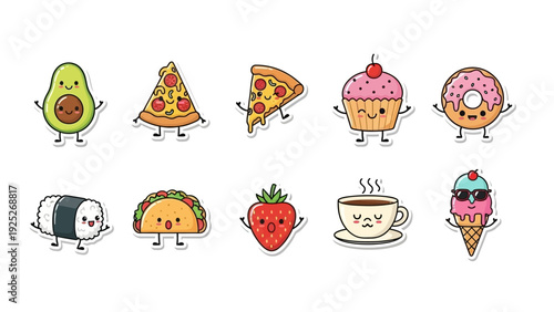 Set of cute cartoon food characters with happy faces