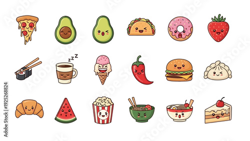 Set of cute kawaii food cartoon characters isolated on white background