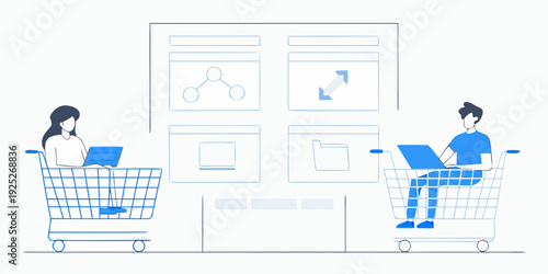 People shopping online with laptops while sitting in shopping carts