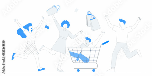 People celebrating with shopping bags and a full shopping cart