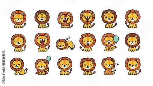 Collection of cute cartoon lions with various expressions and actions