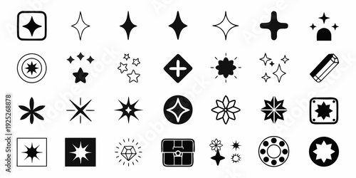 Collection of various black and white star and sparkle shaped icons