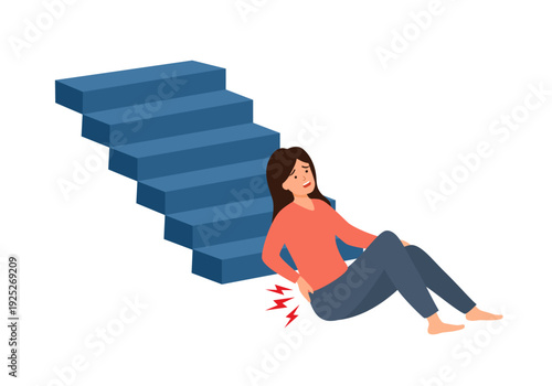 Unhappy woman falls from stairs touch back injury in flat design vector illustration on white background