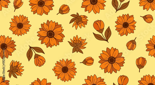 Vibrant orange flowers and leaves on a yellow background.