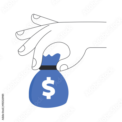 Hand picking up a blue money bag with a dollar sign vector illustration.
