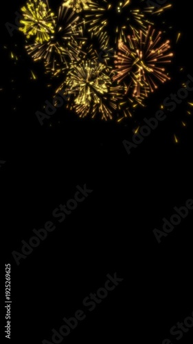 Vertical Golden Digital Fireworks Explosion on Black Background, Elegant Celebration, 4K
