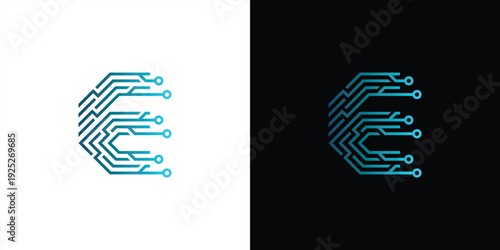 The letter 'E' logo is formed from digital circuit lines on a white or black background. It represents electronics, engineering, energy, efficiency, and the digital age.