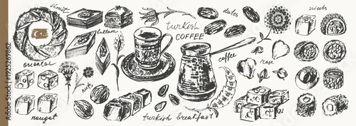 Traditional Turkish coffee ink sketches set. Coffee pot, cup, dates, nuts, sweets, baklava, locum, nougat. For food background, cafe menu