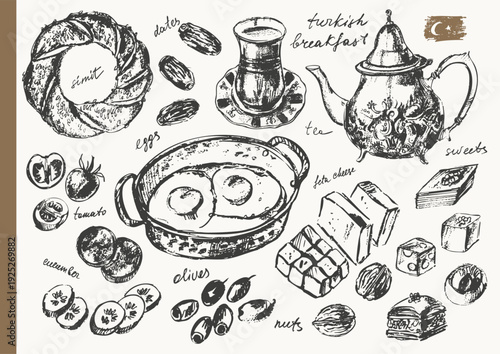 Traditional Turkish breakfast ink sketches set. Teapot, glass, eggs, olives, feta cheese, simit bagel, dates, nuts, sweets, baklava, locum, nougat. For food background, cafe menu