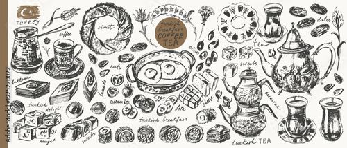Traditional Turkish breakfast ink sketches set. Teapot, tea glass, coffee, eggs, olives, feta cheese, simit bagel, dates, nuts, sweets, baklava, locum, nougat. For food background, cafe menu