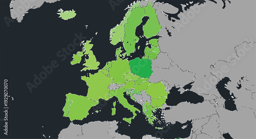 Detailed Vector Map of Europe Highlighting European Union Member States in Green and Non-Member Countries in Gray