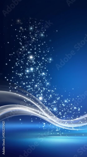 Abstract blue background with flowing white wave and sparkling light particles