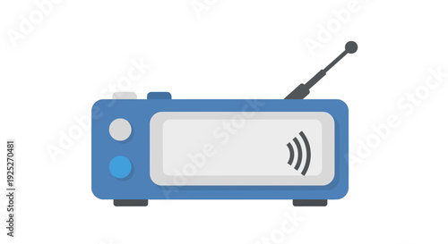Simple blue radio with antenna and signal icon on white background.