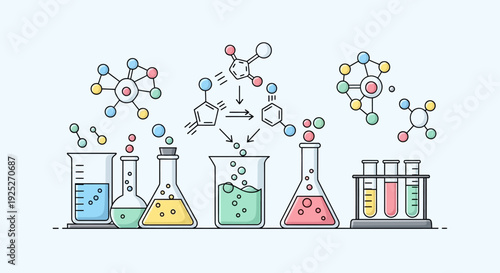 Laboratory equipment and molecular structures in a chemistry experiment setting.