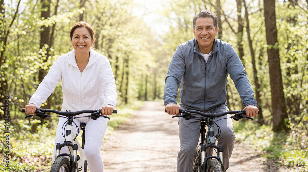 Obraz premium Active senior couple riding bicycles on a forest path.