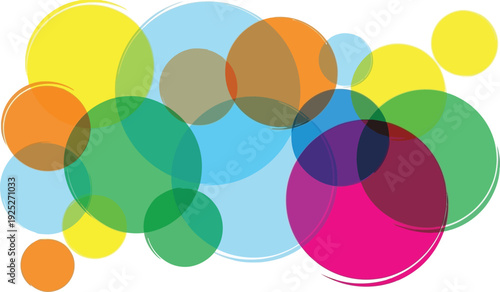 A colorful abstract illustration of overlapping circles in various sizes and hues on a white background