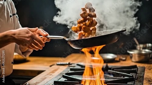 Chef cooking meat skewers in a flaming pan over a gas stove