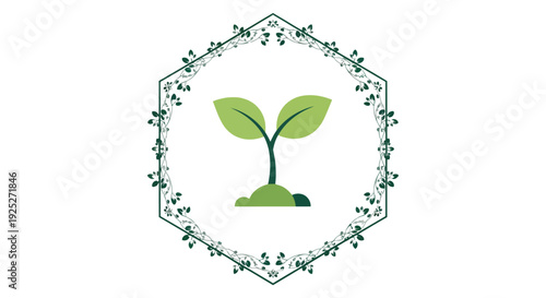 Green sprout growing in fertile soil, framed by decorative floral hexagon border, symbolizing growth and nature