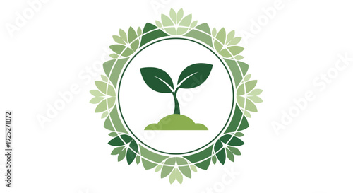 Green Sprout Growing in Soil with Decorative Floral Border Emblem
