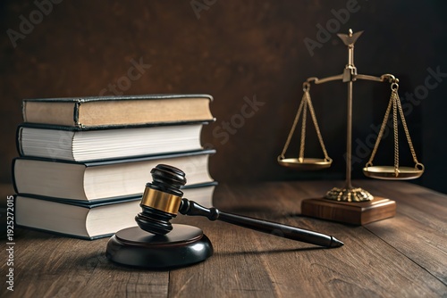 A wooden gavel rests on a polished table beside law books and a balanced scale in a courtroom setting