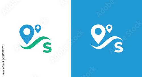 Location Pin Logo Design in Modern Minimalist Style with Blue and Green Colors on White and Blue Backgrounds for Branding