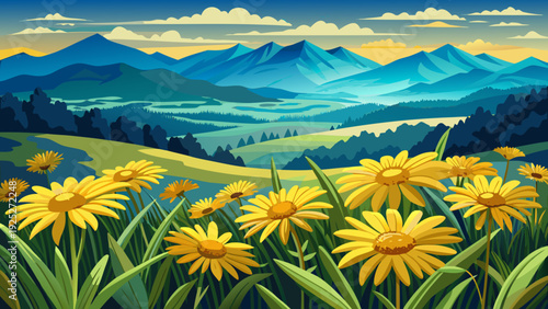 Very beautiful close-up yellow daisies covering fields near Shenandoah National Park with misty Blue Ridge Mountains rising softly.
