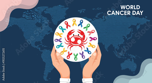 World Cancer Day Global Solidarity: Hands Holding Cancer Awareness Ribbons and Crab Symbol on World Map Background.