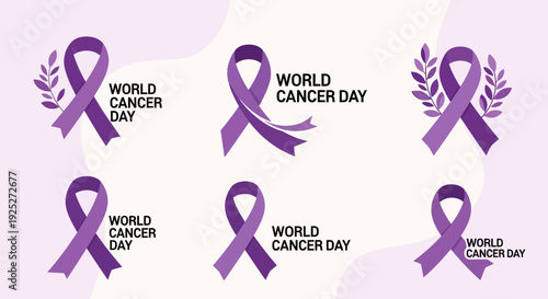 World Cancer Day Purple Awareness Ribbons Icon Set. Global Health Campaign, Cancer Support, Fight and Prevention Vector Graphic Collection.