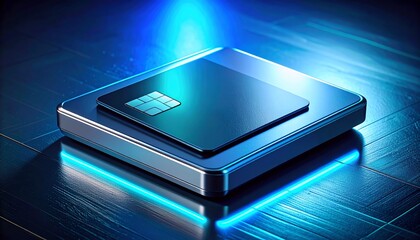 Close-up of a chip card with blue lighting and wood texture