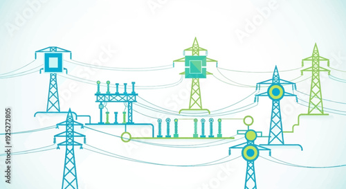 Electricity transmission infrastructure with power lines and towers.