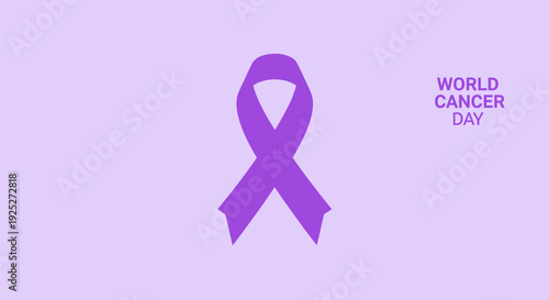 World Cancer Day: 3D Purple Awareness Ribbon for Cancer Support, Fight, and Global Health Awareness on Lavender Background.