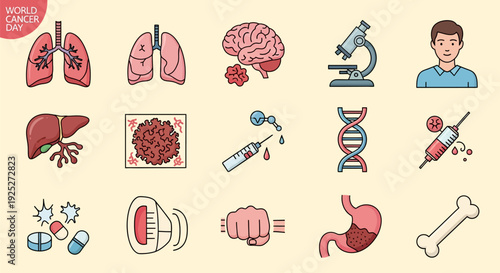 Cancer Awareness and Oncology Vector Icons Set. Diagnosis, Treatment, Prevention, and Medical Research Concepts.