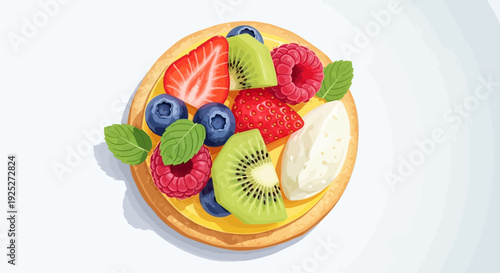 Delicious fruit tart with mixed berries and kiwi.