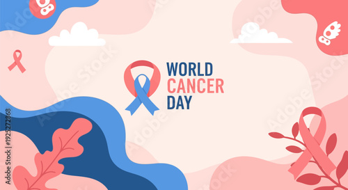 World Cancer Day Banner Illustration. Global health awareness concept featuring blue and pink ribbons for prevention, support, and cure campaigns.