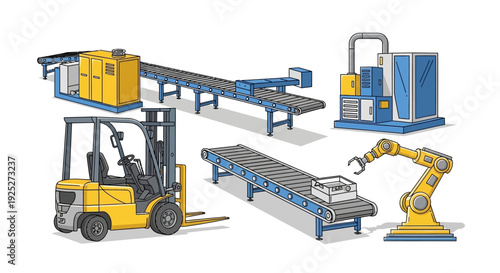 Industrial machinery and equipment including forklift and robotic arm.