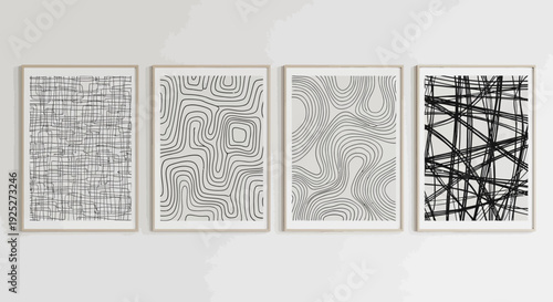Four framed abstract art pieces on a white wall.