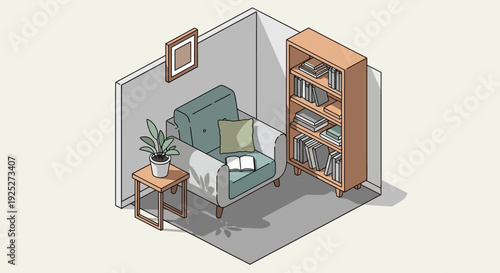 Cozy isometric reading nook interior with a comfortable armchair, filled bookshelf, and potted plant, creating a relaxing and intellectual home space.