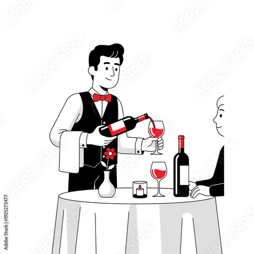 Waiter pouring red wine for customer at a restaurant table with candle and flower