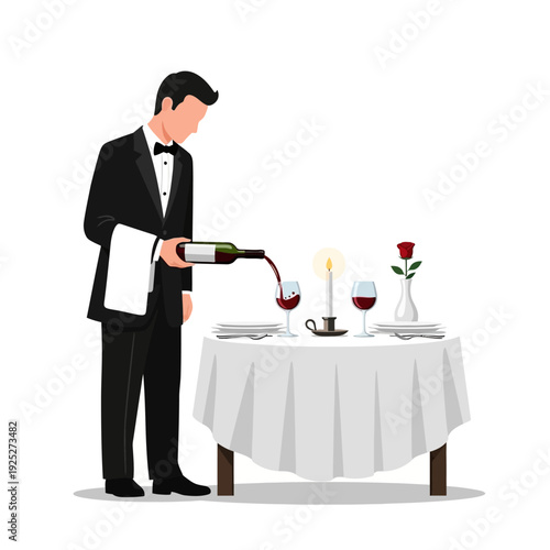 Waiter pouring red wine at a romantic dinner table with candle and rose