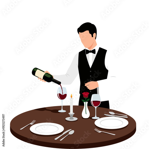 Waiter pouring red wine into glass at romantic dinner table with rose and candle