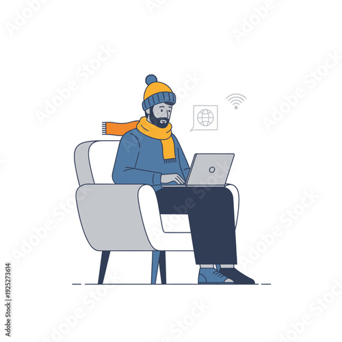 Man in winter clothes working on laptop in armchair, connected to internet