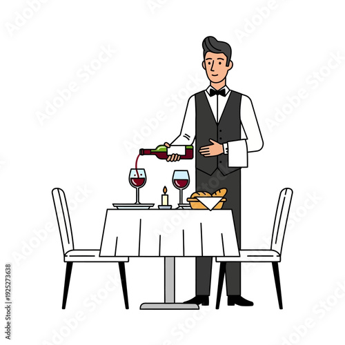 Waiter pouring wine for couple at romantic dinner table in restaurant