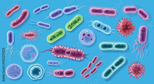 Diverse collection of various bacteria, viruses, and microorganisms, representing microbiology and health concerns on a blue background.