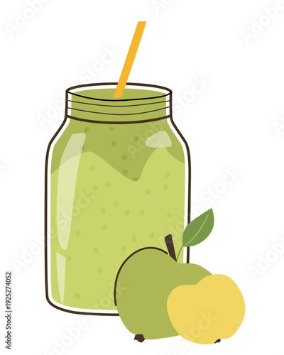 Apple smoothie in a glass, cartoon doodle vector illustration isolated on white. Green apple fruit beverage, sweet and fresh summer drink.