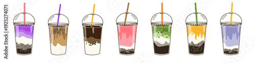 Bubble milk tea drink cups set. Vector doodle illustrations isolated. Green, yellow and purple, pink drinks in cups.