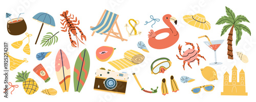 Tropical coastal summer stickers with vacation elements and beach accessories. Cartoon flat style sea holiday set with palm trees, sun, sunglasses, flip flops, shells, surfboard and cocktail, isolated