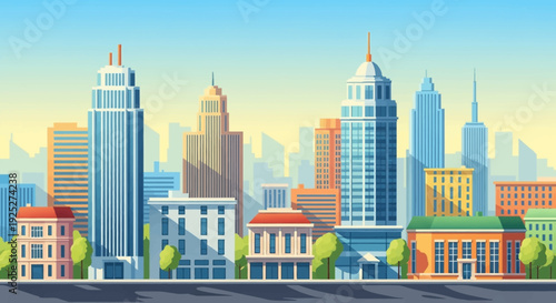 Vibrant urban cityscape with modern skyscrapers and buildings under a colorful sky, representing city life and development in a bustling metropolis.